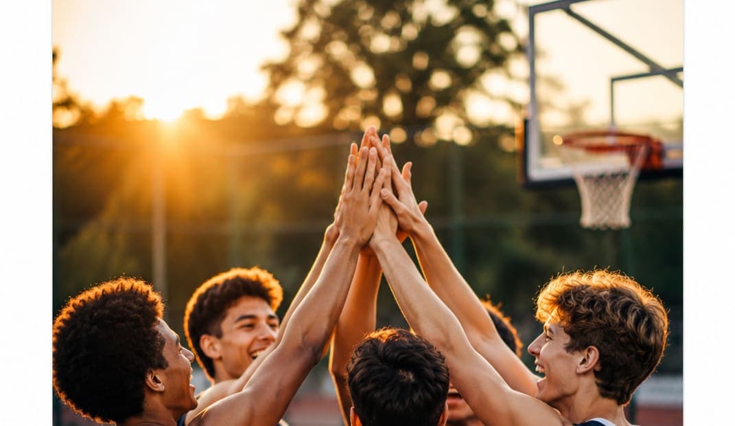 A basketball team high-fives on an outdoor court at sunset.
